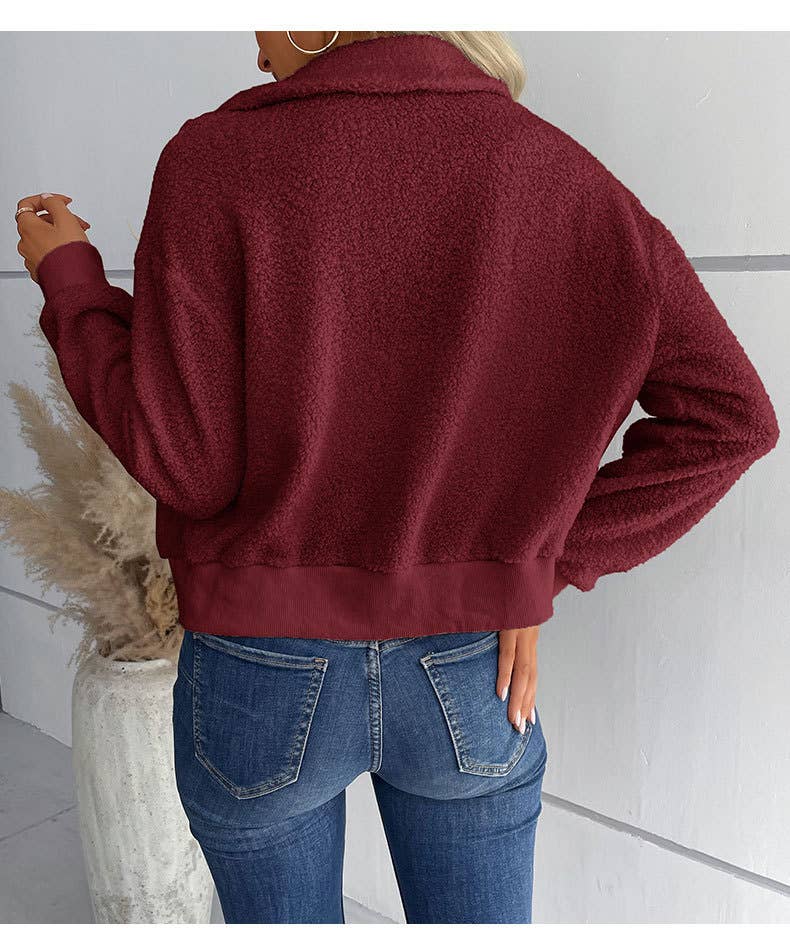 Solid-Color Polar Fleece Lapel Zipper Jacket