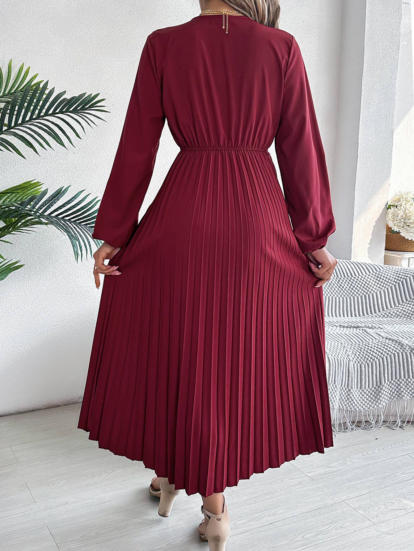 Triple V-Neck Long-Sleeved Waist Pleated Dress