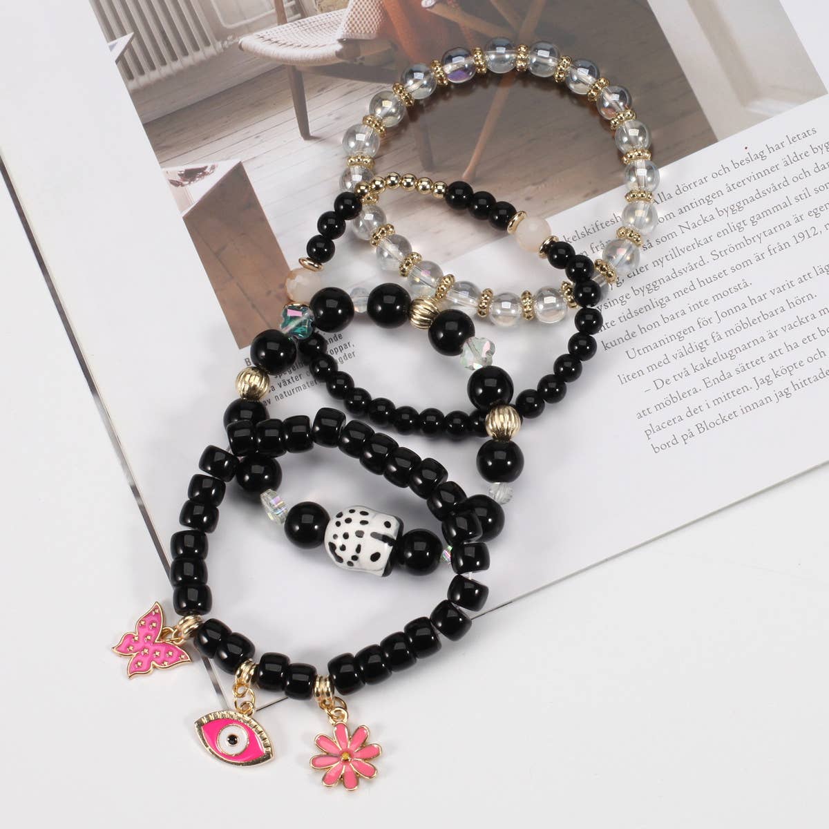 BUTTERFLY FLOWER EYE PENDANT BEADED BRACELET_CWAJE2223