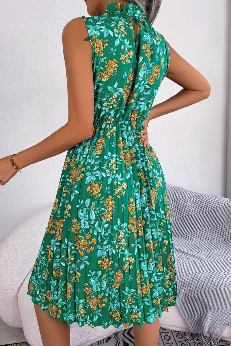 Women Floral Waist Pleated Dress_Cwdsd2520