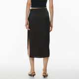 LACE UP SATIN SKIRT HIGH WAIST SLIT STRAIGHT SKIRT_CWBSS0416