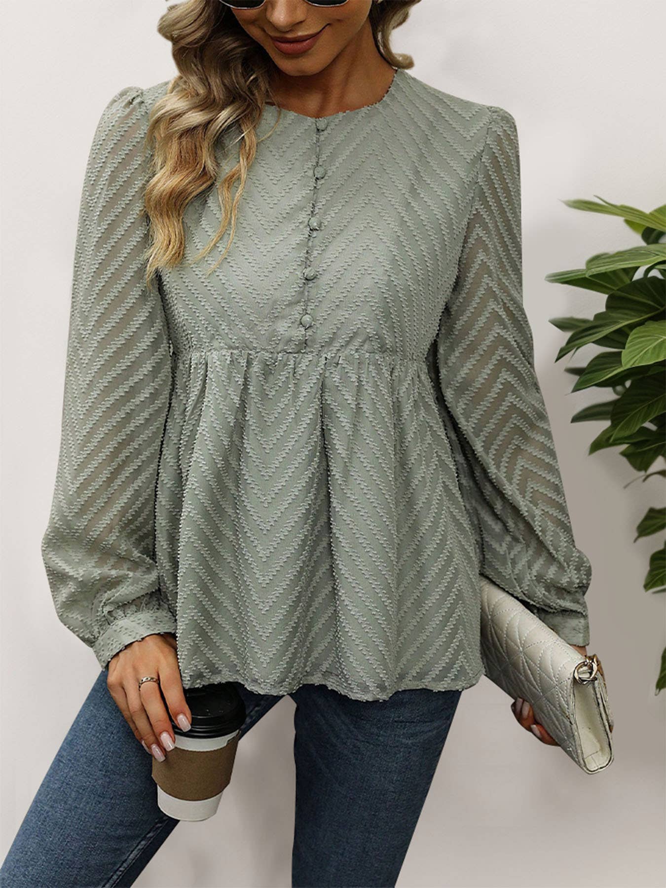 Solid Color Long Sleeve Jacquard Shirt
