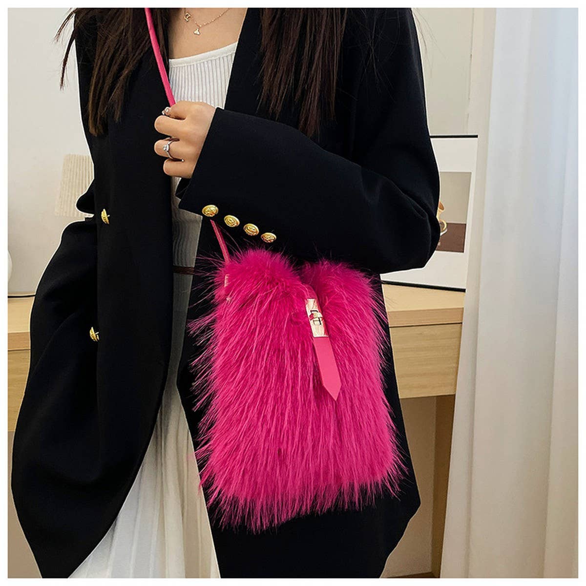 FAUX FUR PLUSH PHONE BAG CROSSBODY SHOULDER_YMC51 023A