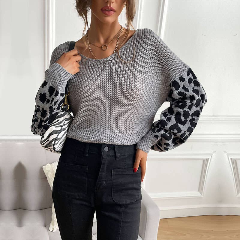 V-Neck Knit Leopard Print Patchwork Sweater