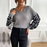 V-Neck Knit Leopard Print Patchwork Sweater