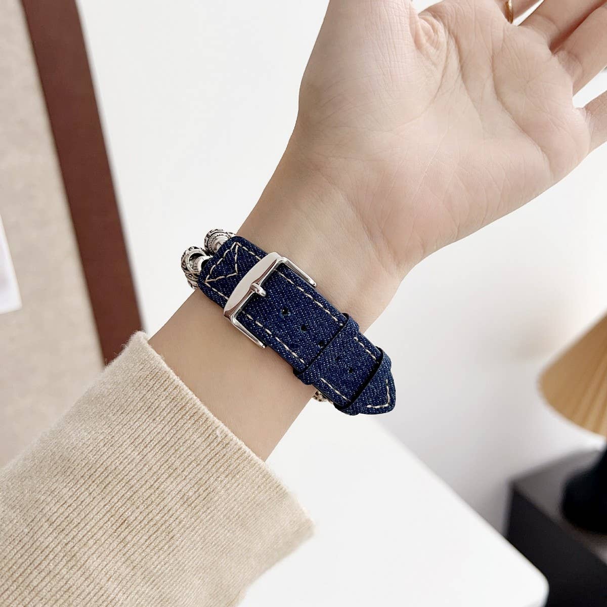 IWATCH9 1 TIBETAN SILVER DENIM LEATHER STRAP_CWWW0069