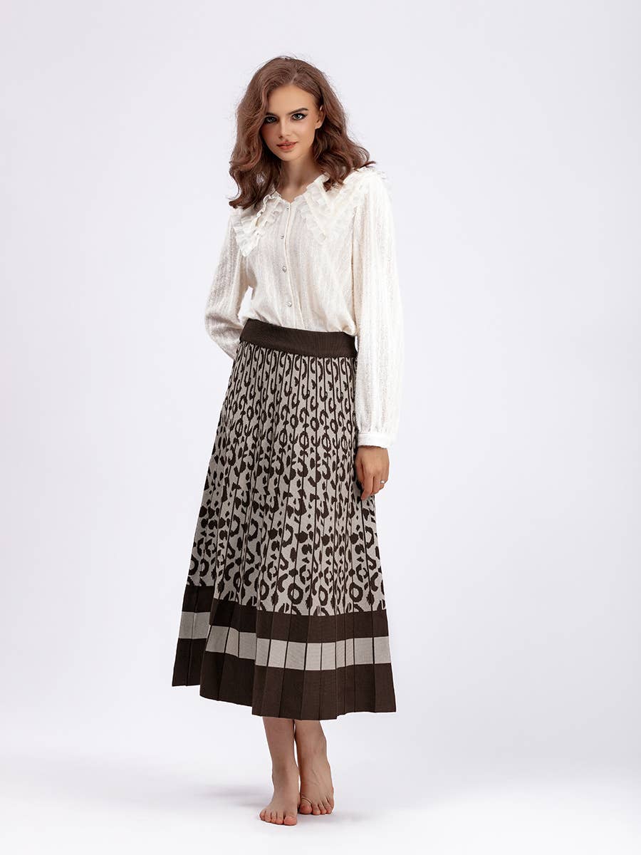 Vintage Leopard Print Contrast Knit Skirt