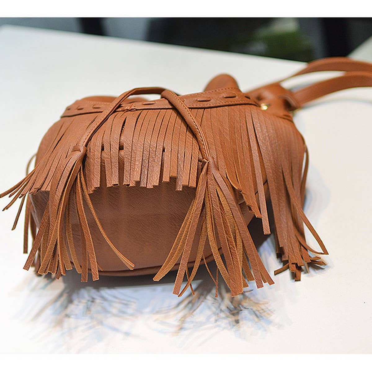 Cwab4539_Drawstring Handmade Tassel Bucket Shoulder Bag