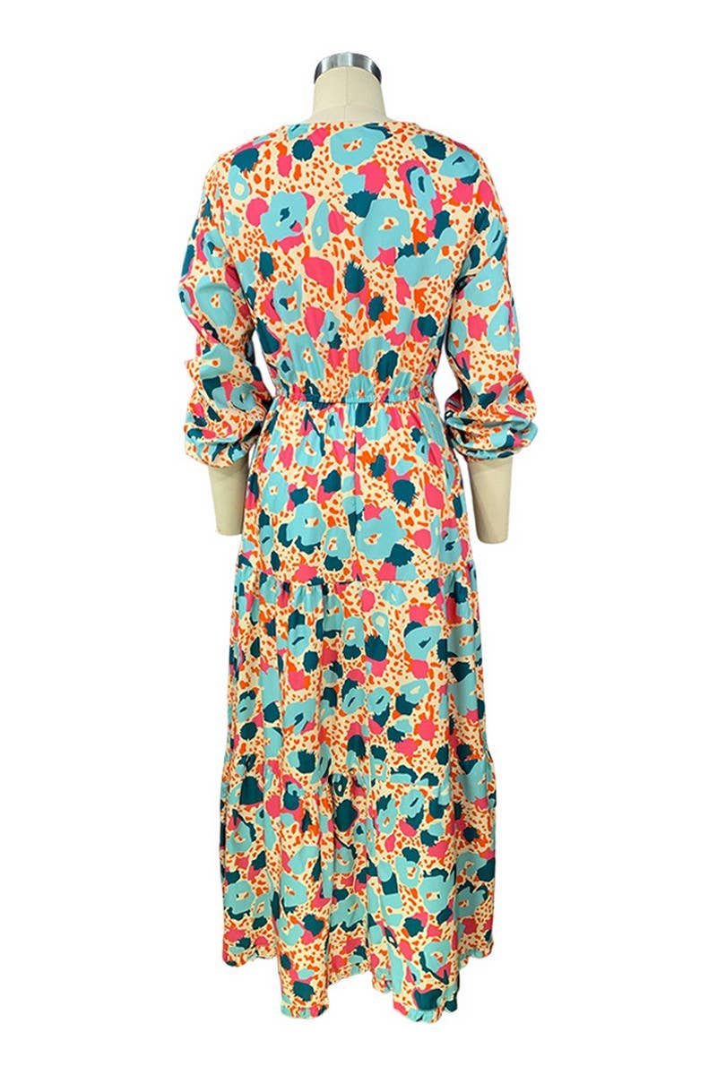 V Neck Long Sleeved Printed Loose Fitting Dress