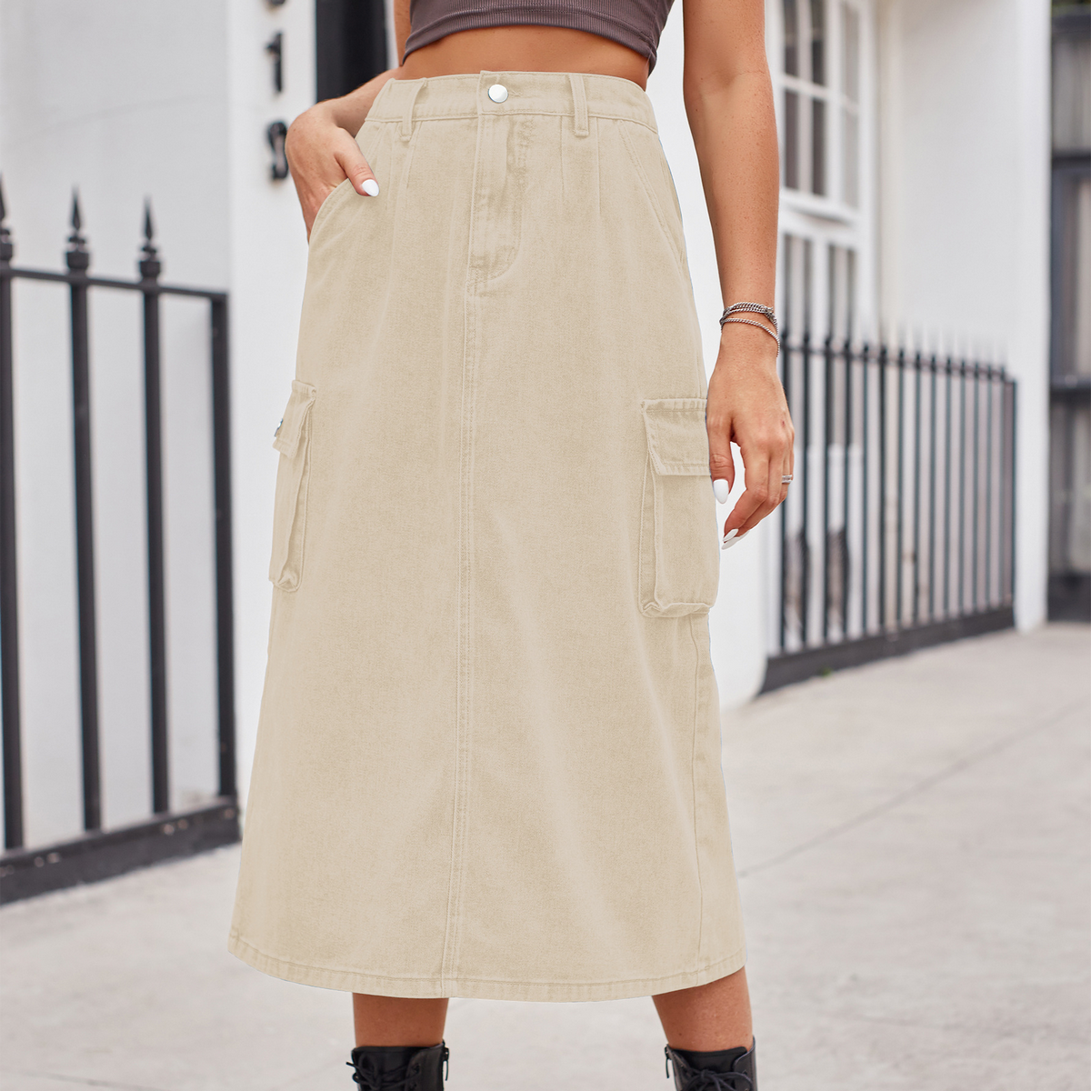 Wome Washed Denim Cargo Midi Skirt Slim Fit_Cwjsk0198