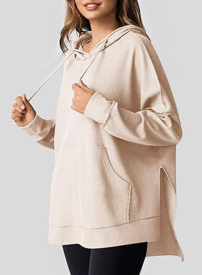 Waffle Knit Side Split Pullover With Pockets