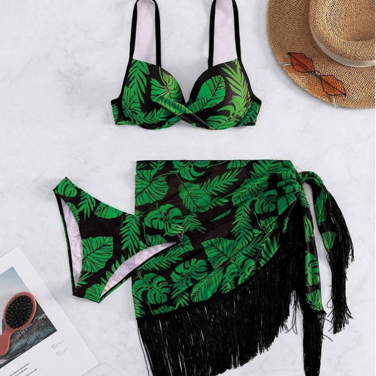 PRINTED TASSEL WRAP SKIRT THREE PIECE SWIMSUIT_CWMW0335