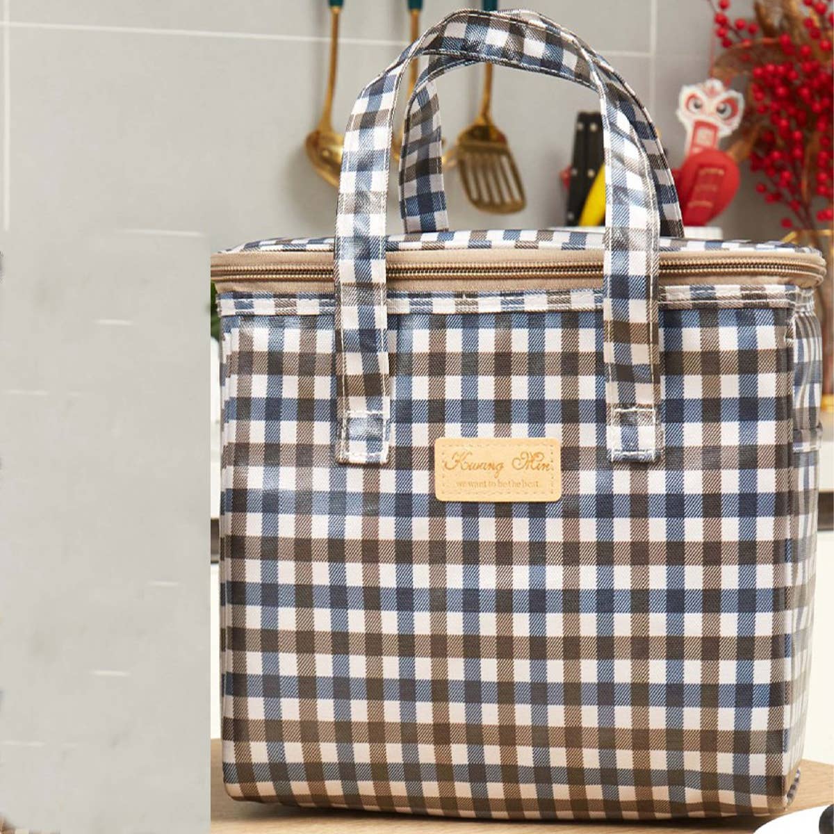 CHECKERED BENTO BAG LARGE CAPACITY CARRYING BAG_CWAB1728