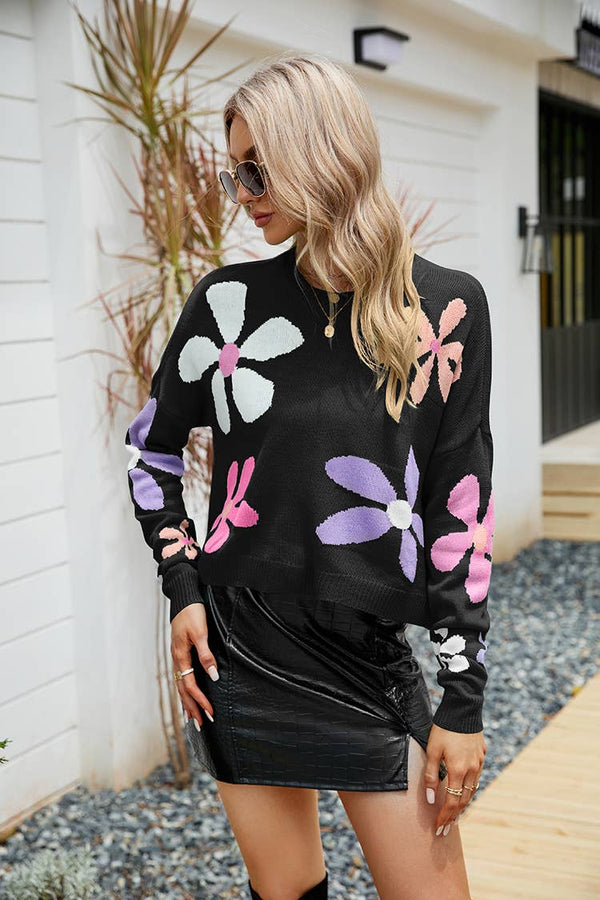 Sweet Flower Loose Crew Neck Pullover Sweater