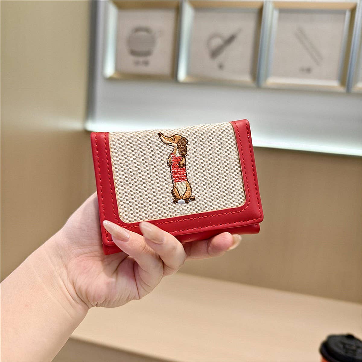 Cute Embroidered Dachshund Tricolor Trifold Wallet_Cwab06209