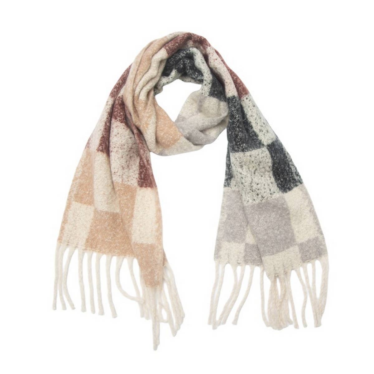 TASSEL CIRCLE YARN CHECKERED SCARF FOR FALL WINTER_CWASC1280