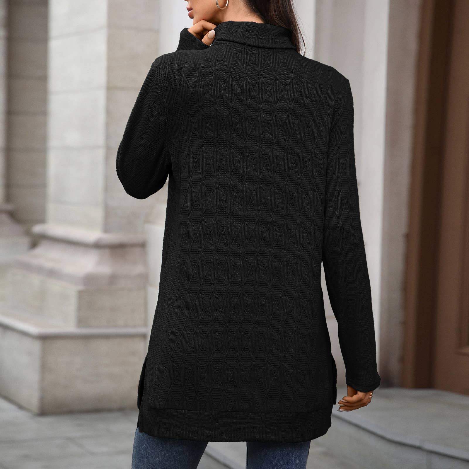 Solid-Color High-Neck Long-Sleeved Slit T-Shirt
