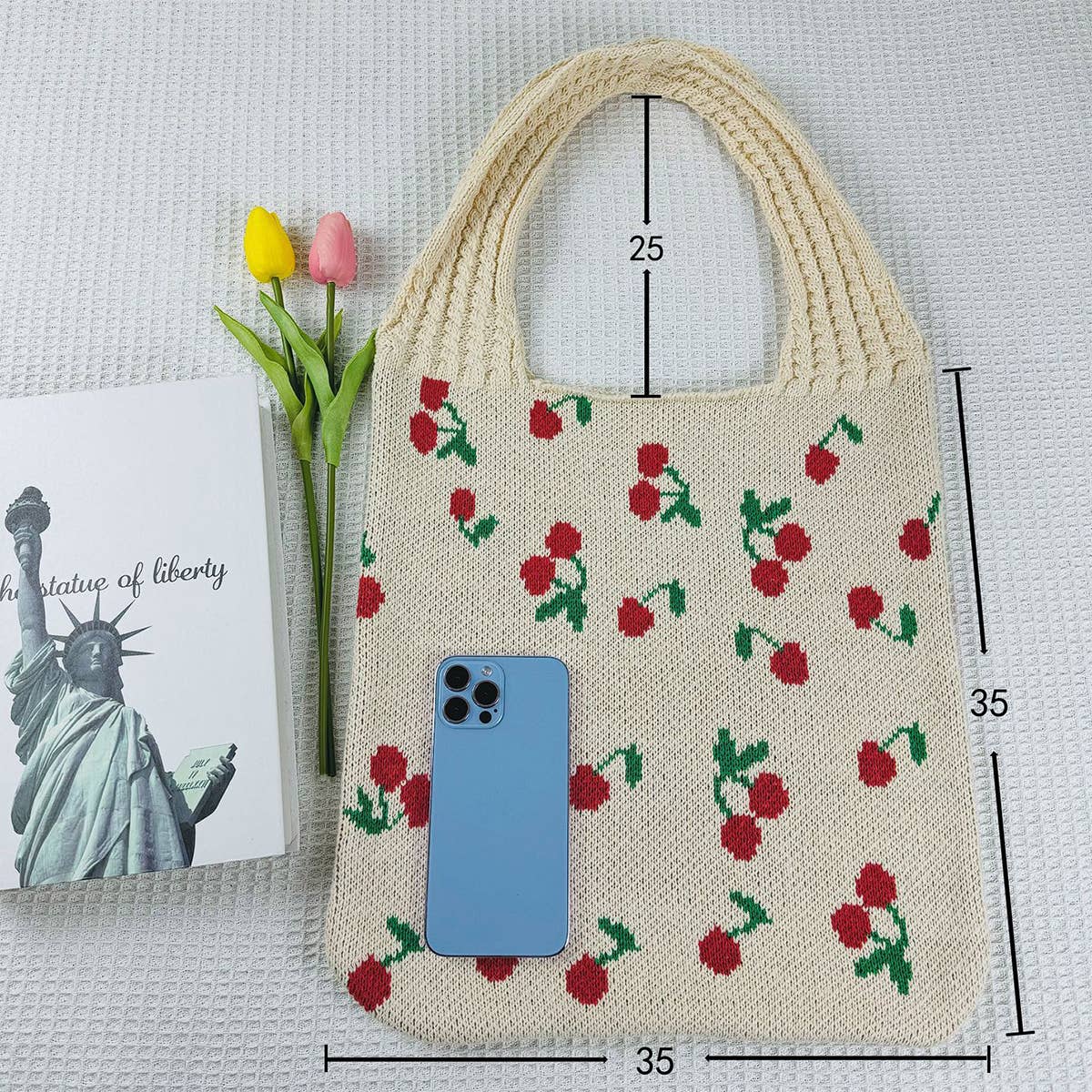 Cwab5062_Large Capacity Knitted Bow Woven Tote Bag