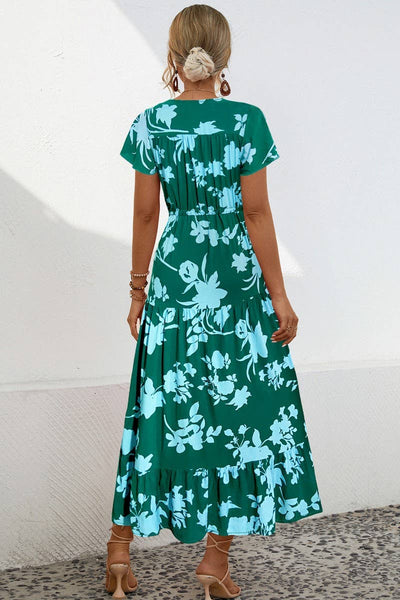 CWDMD2767_V-NECK FLORAL PRINT BUTTON-DOWN LONG DRESS