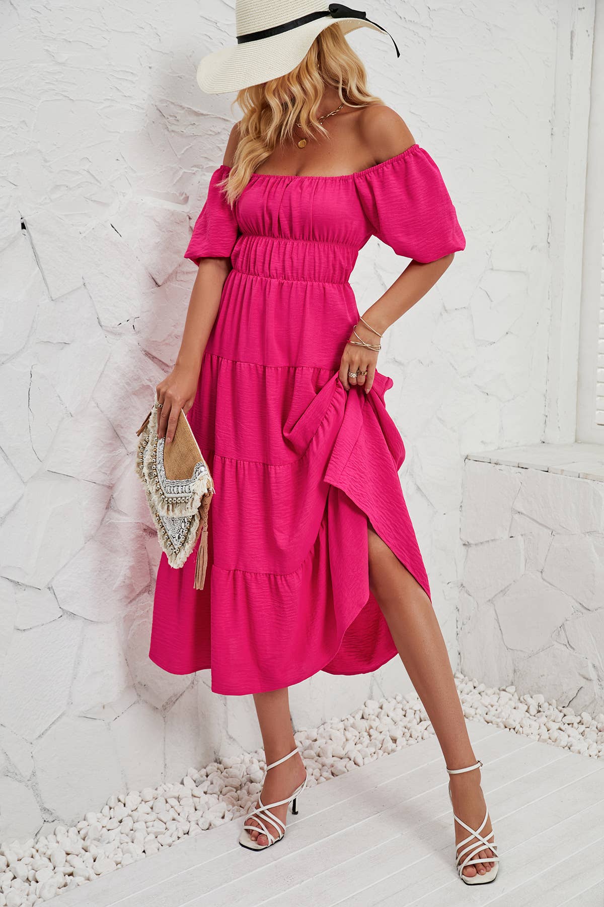Square-Neck High-Waisted Pleated Dress