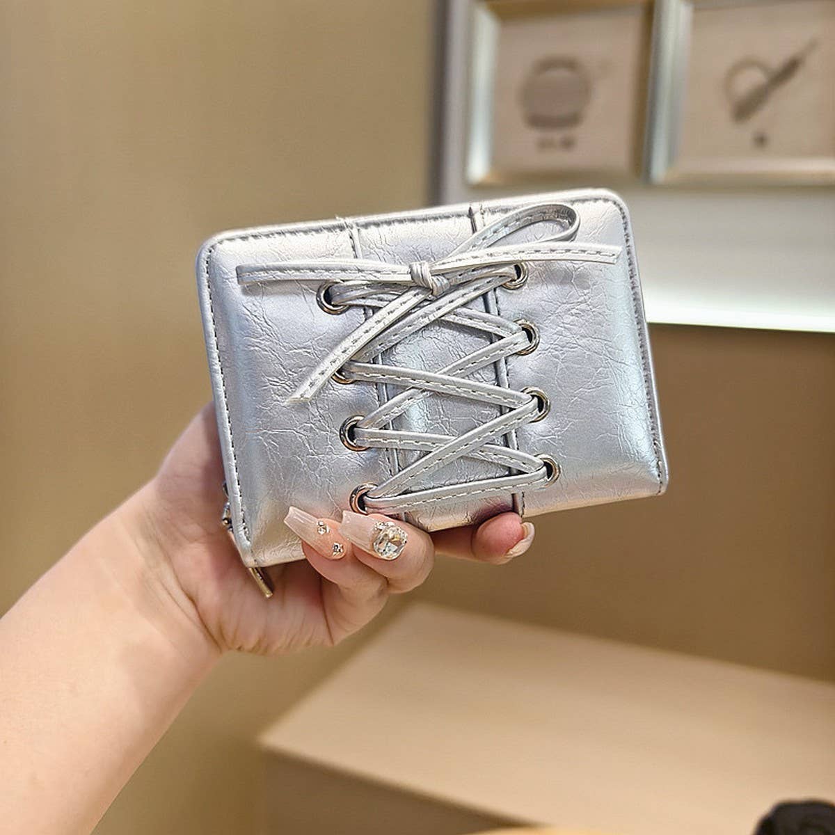 Solid Color Bow Pu Zipper Wallet, Large Capacity_Cwab06247