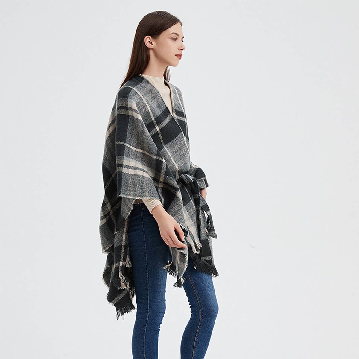 BLACK AND WHITE LINE CARDIGAN SHAWL CLOAK_CWASC0264