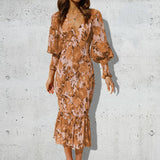 V-Neck Printed Long-Sleeve Lace-Up Pack Hip Dress