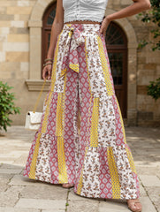 Lace-up geometric floral-print wide-leg pants