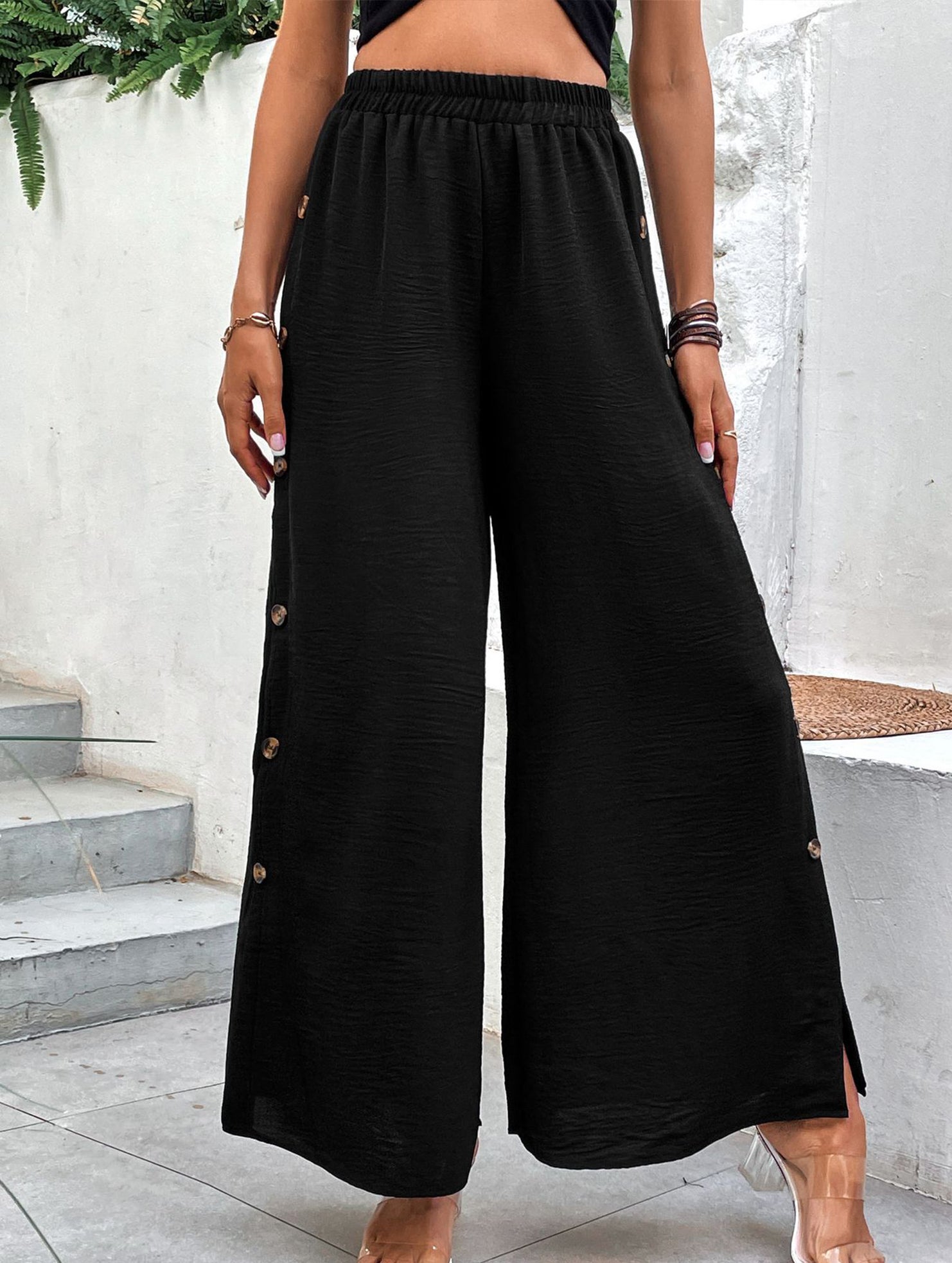 Simple high-waist button-down wide-leg pants