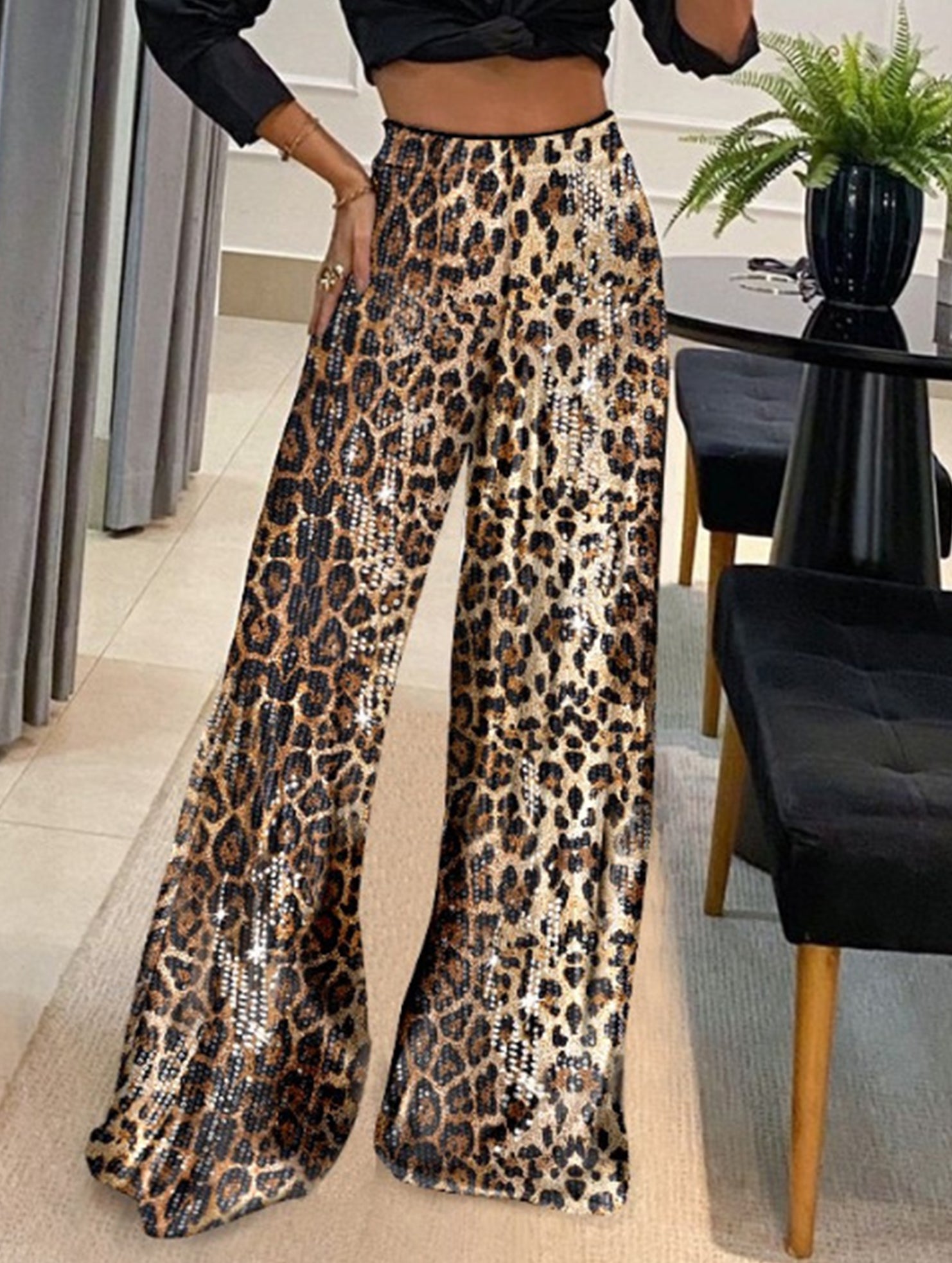 Leopard print high-waisted sequined wide-leg pants