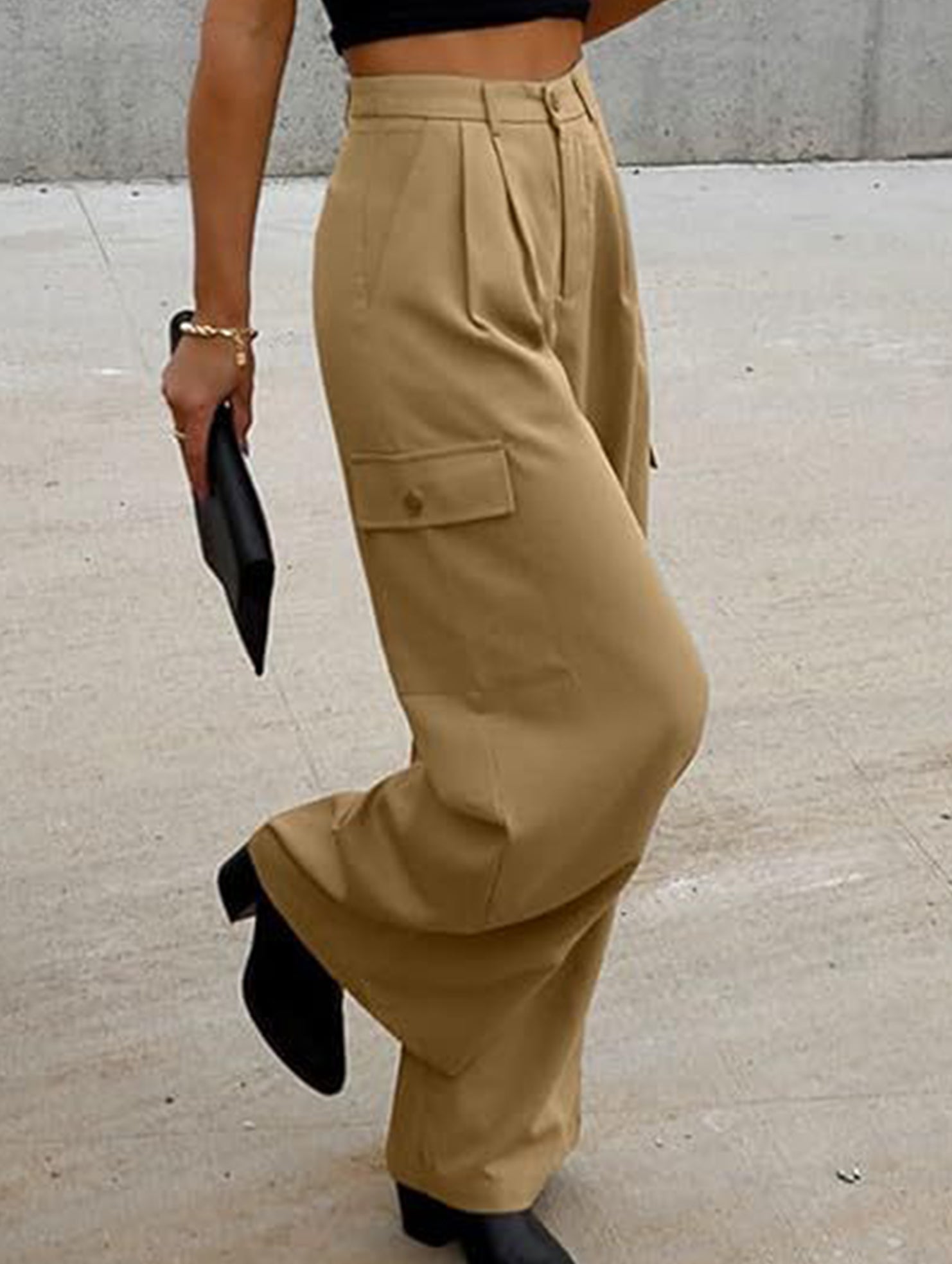Fashion solid color loose high waist pants