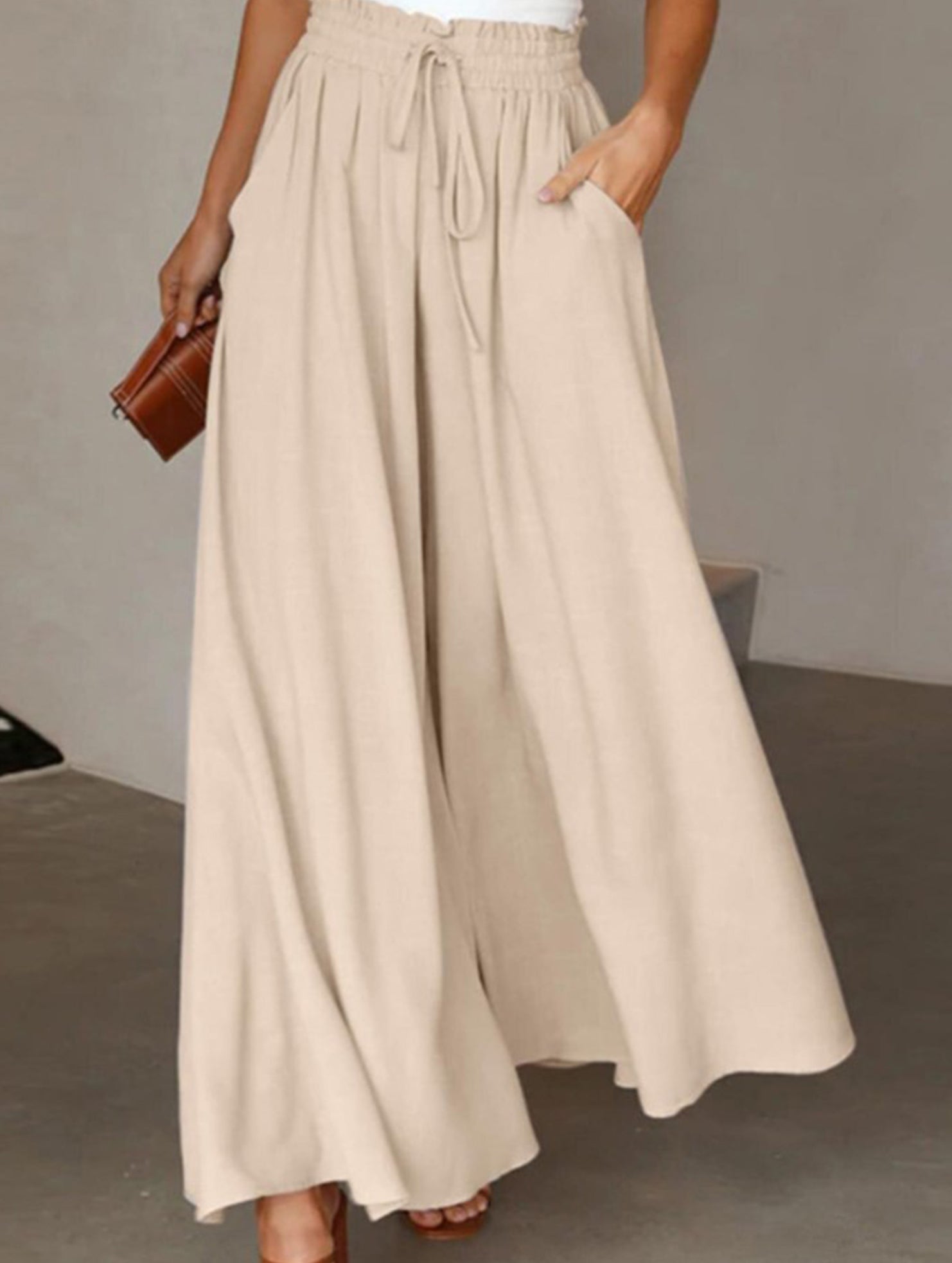Elastic waistband wide-leg high-waisted culottes