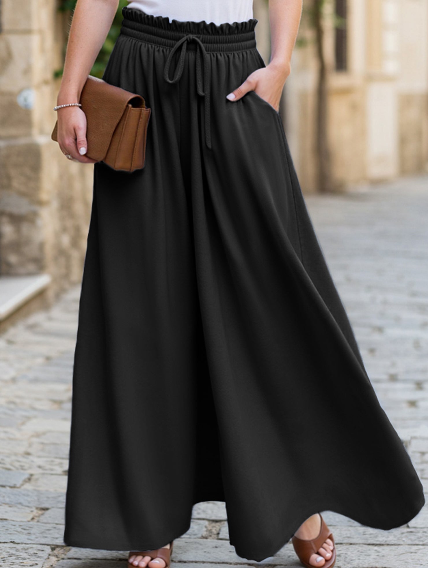 Elastic waistband wide-leg high-waisted culottes