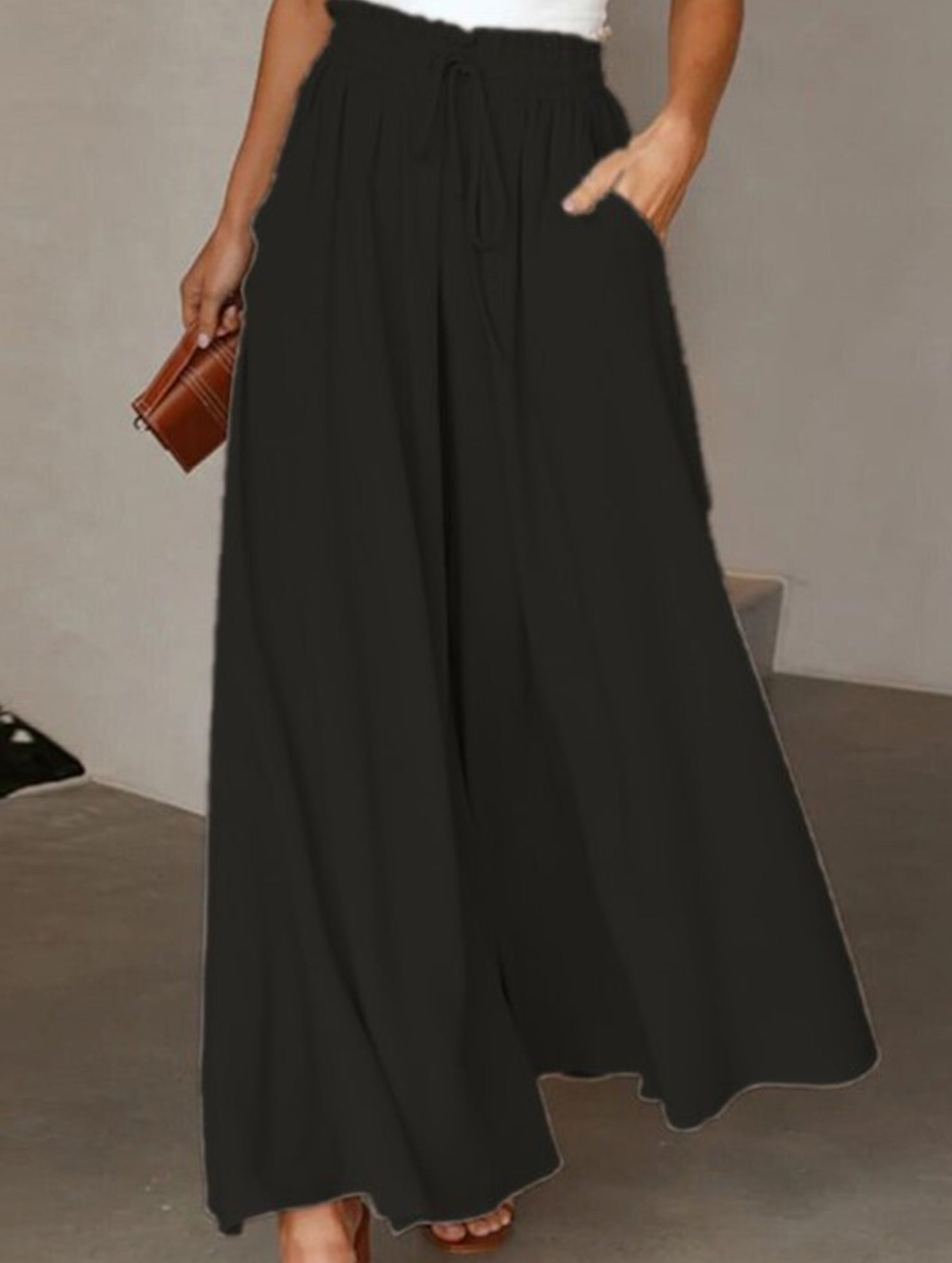 Elastic waistband wide-leg high-waisted culottes