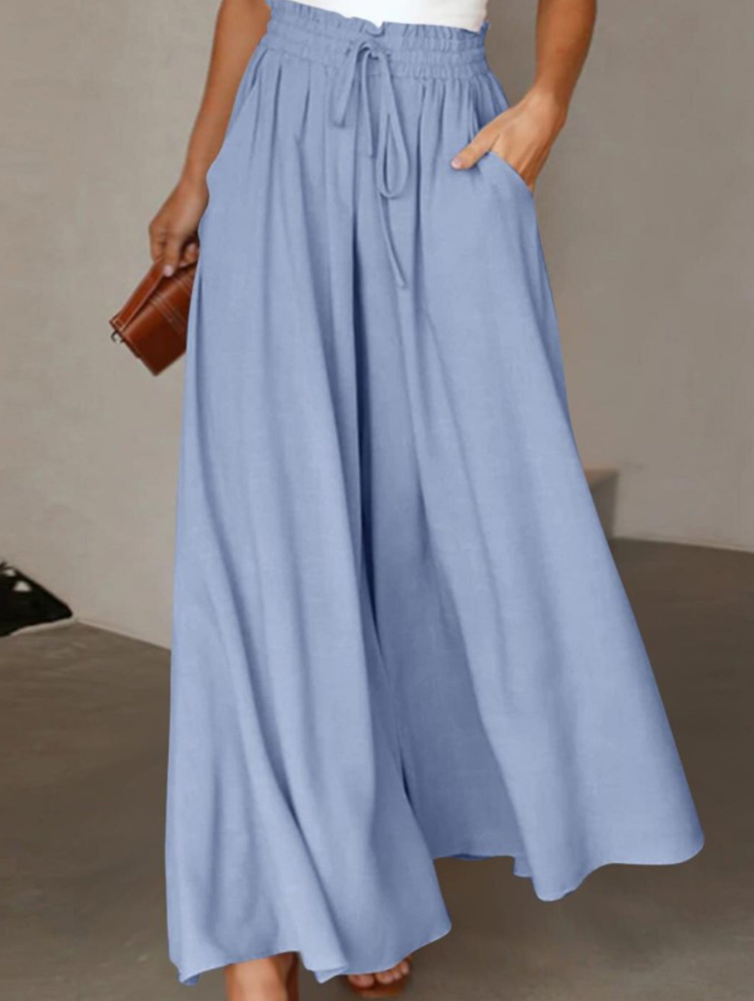 Elastic waistband wide-leg high-waisted culottes