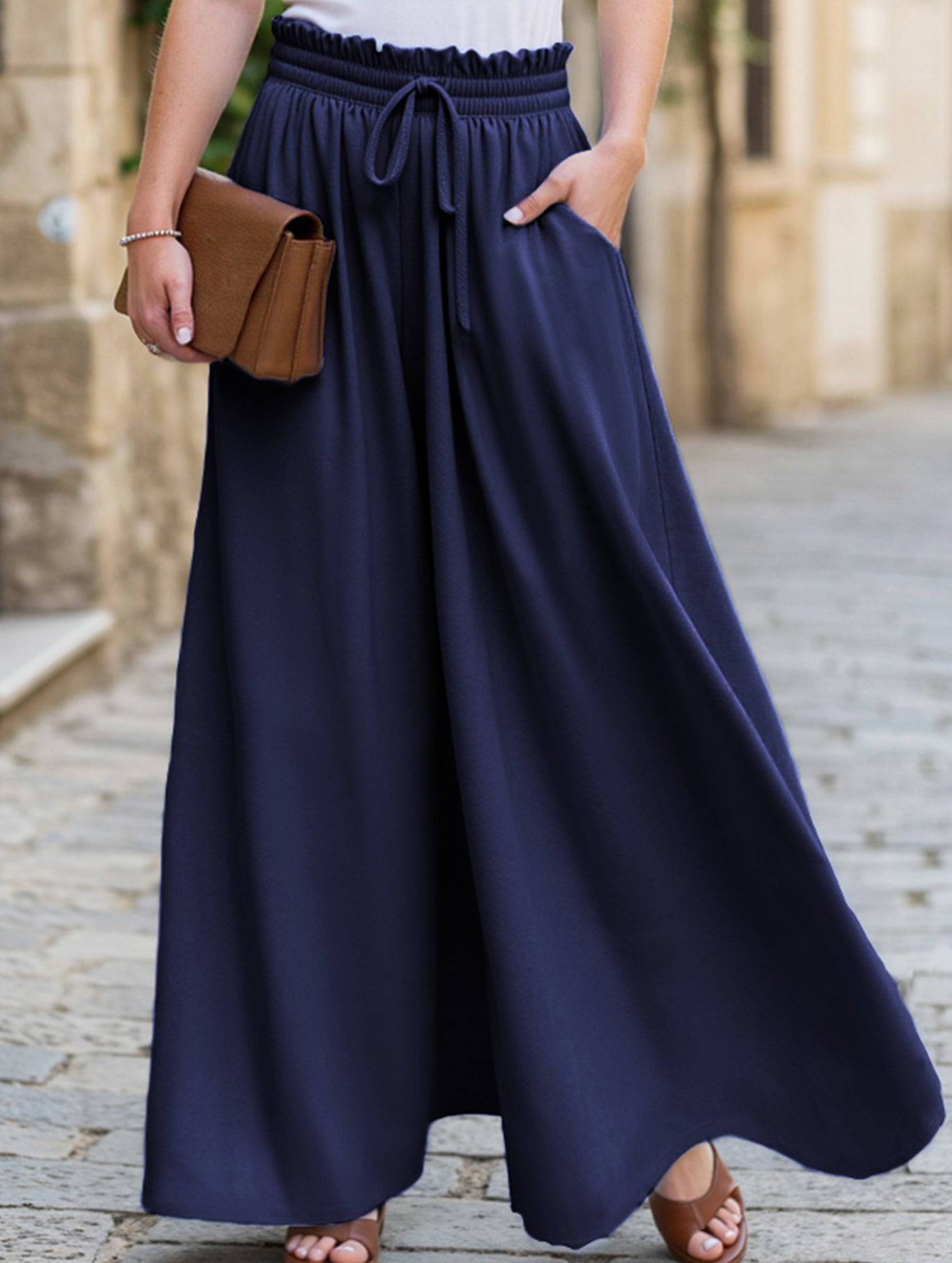 Elastic waistband wide-leg high-waisted culottes
