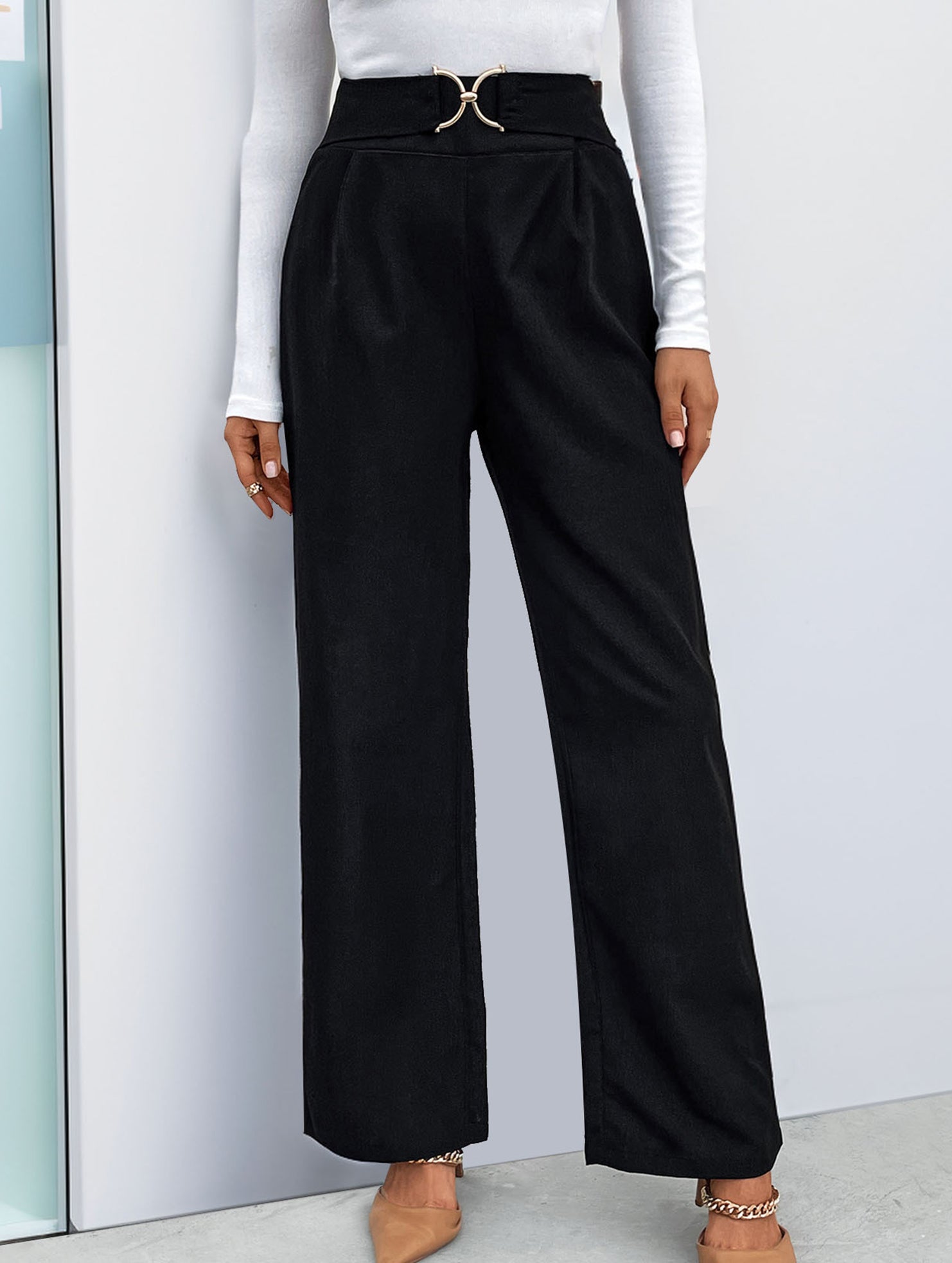 Solid color buttoned high waist straight pants