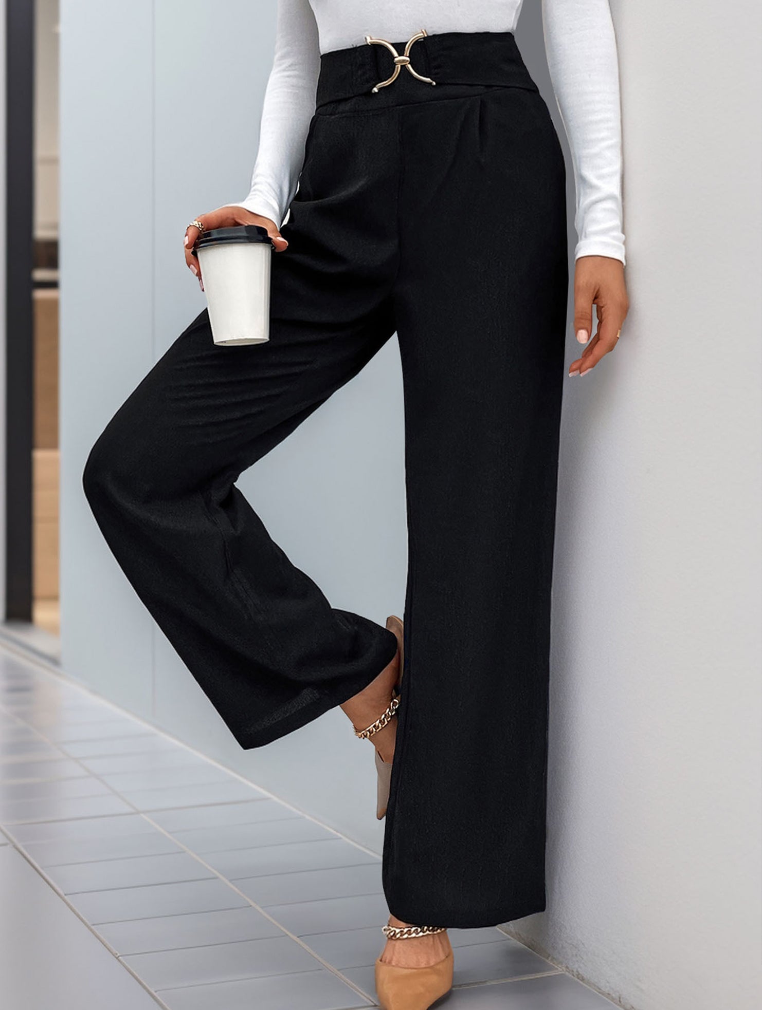 Solid color buttoned high waist straight pants