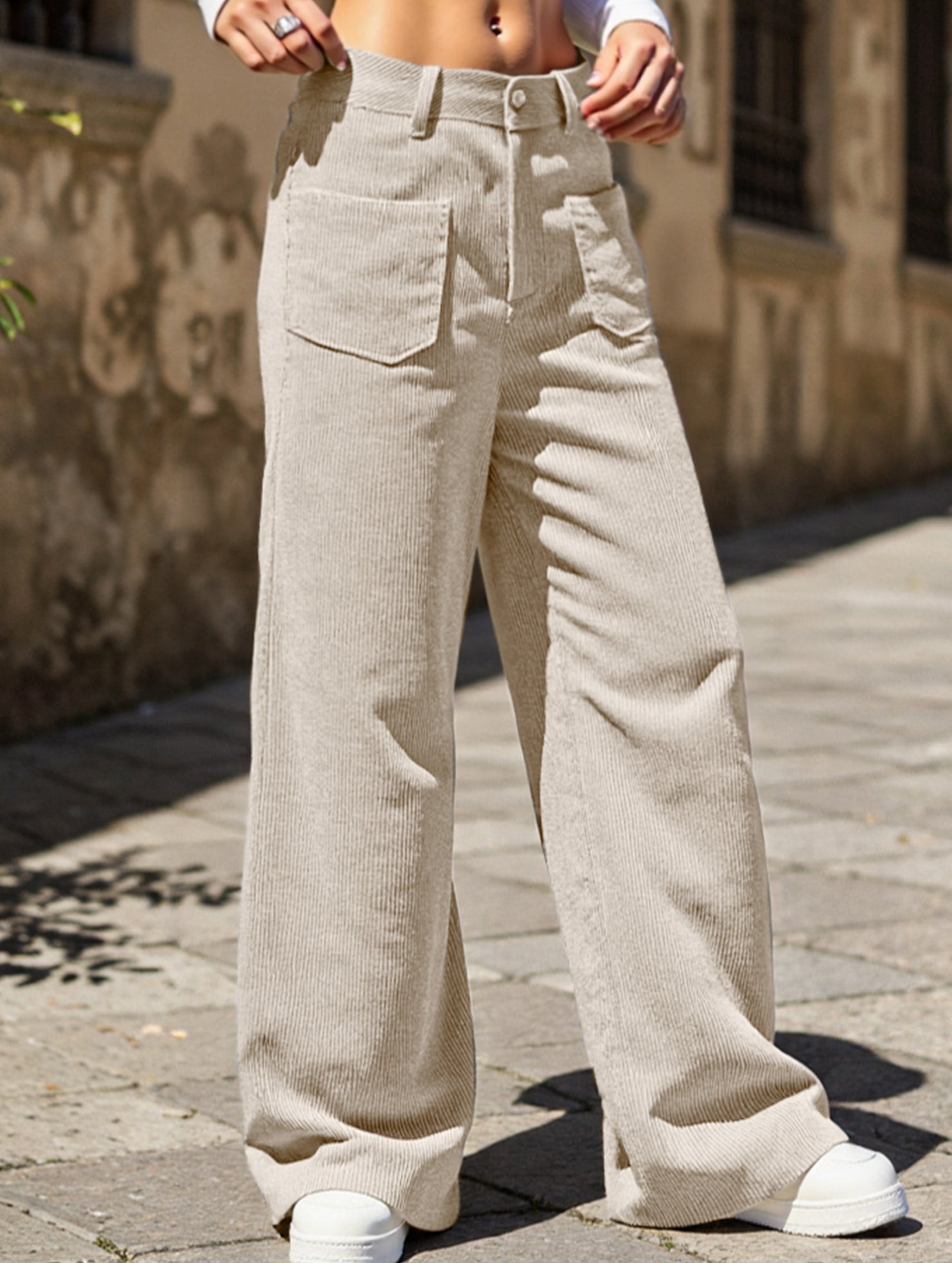 Solid color floor-length wide-leg pants