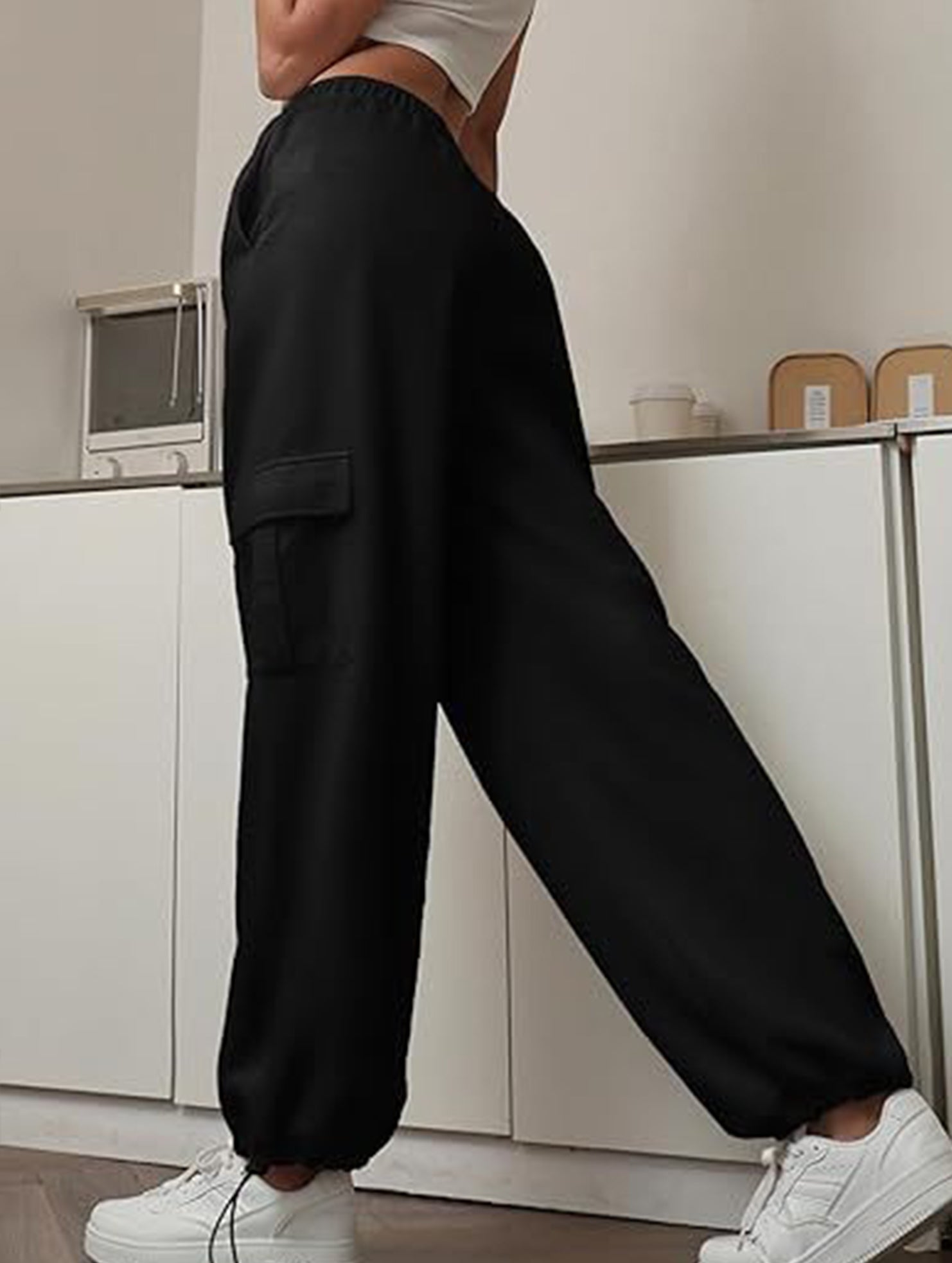Loose drawstring elastic cargo pants