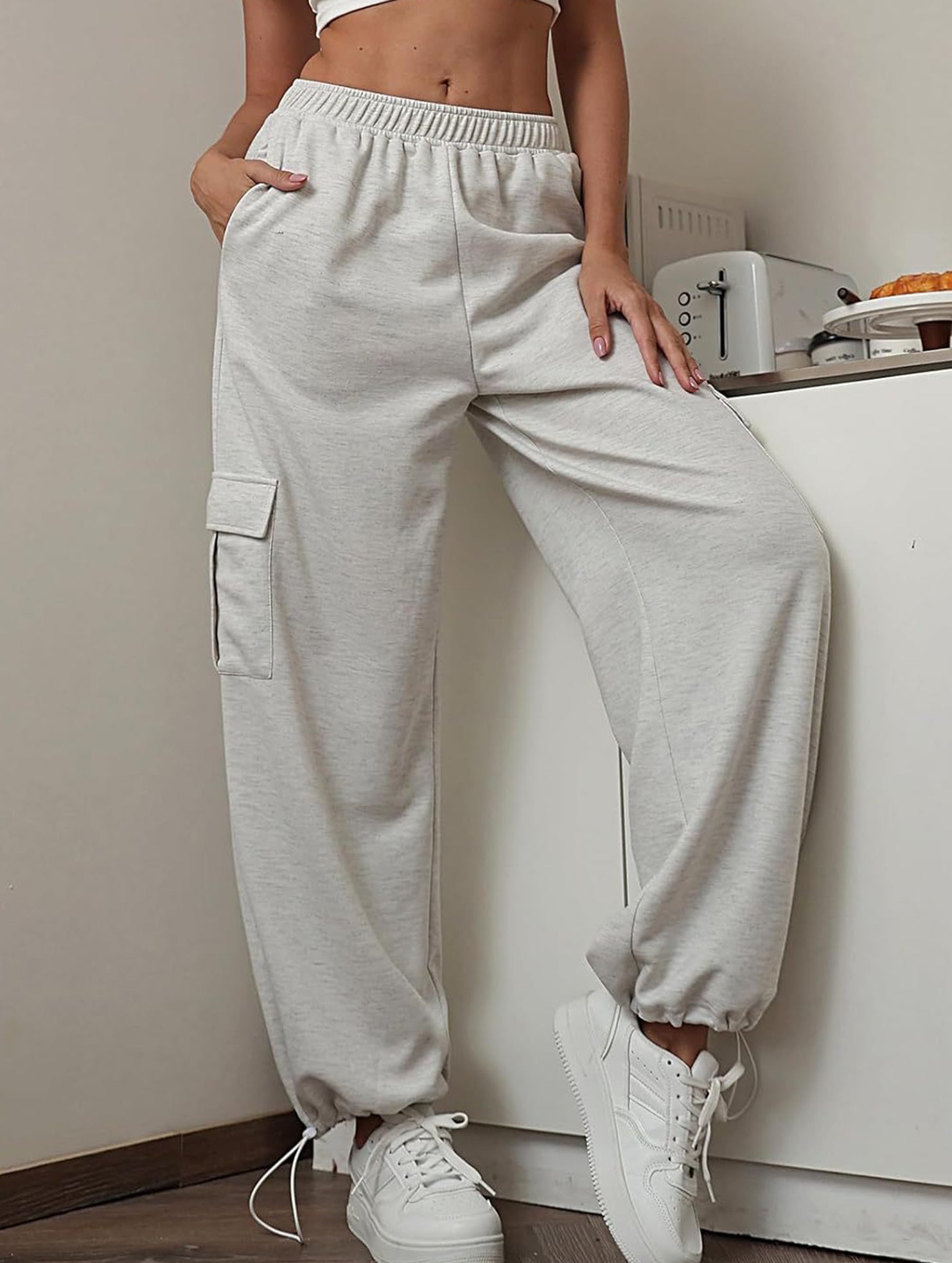 Loose drawstring elastic cargo pants