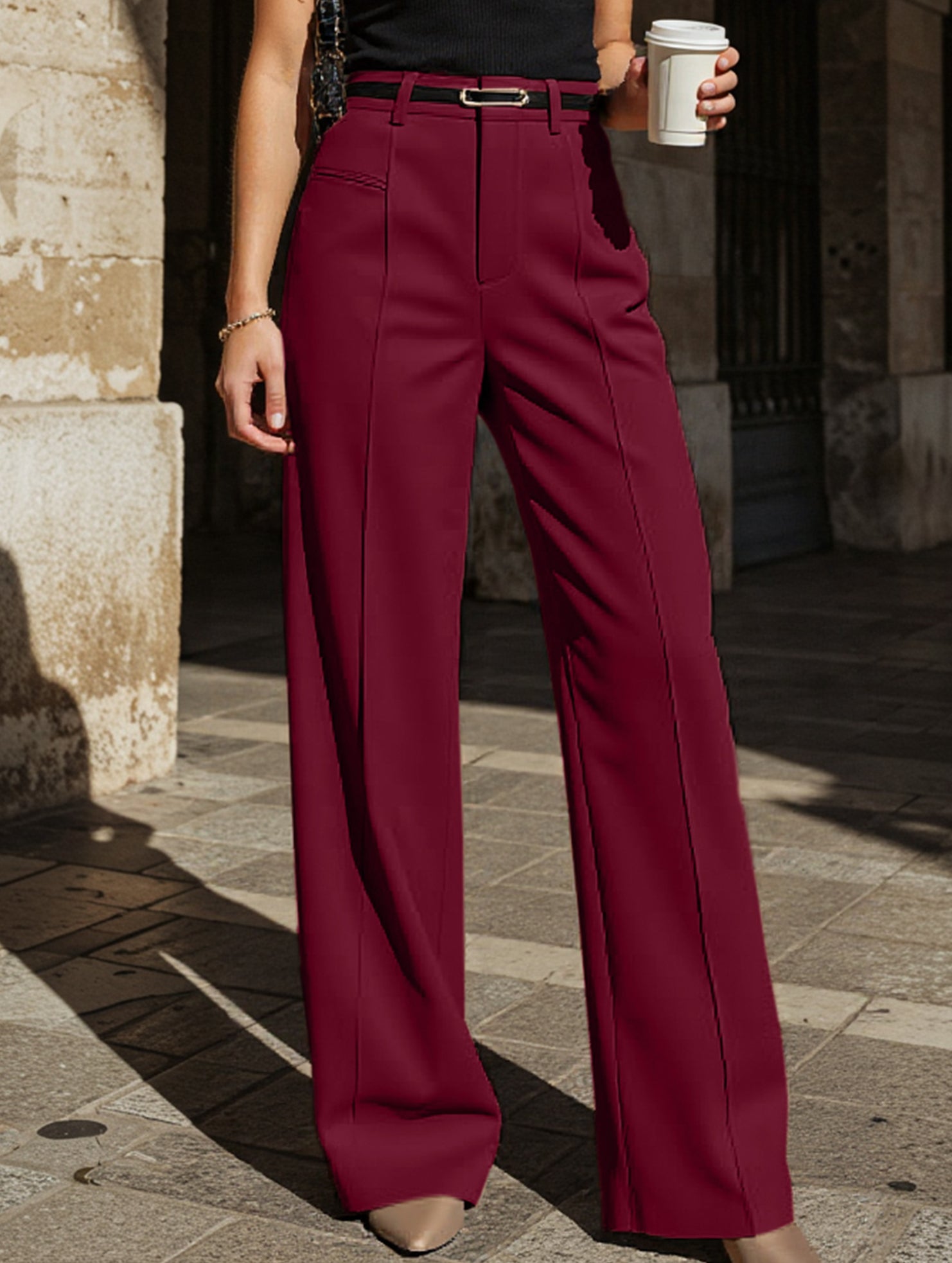Solid color high-waisted suit pants