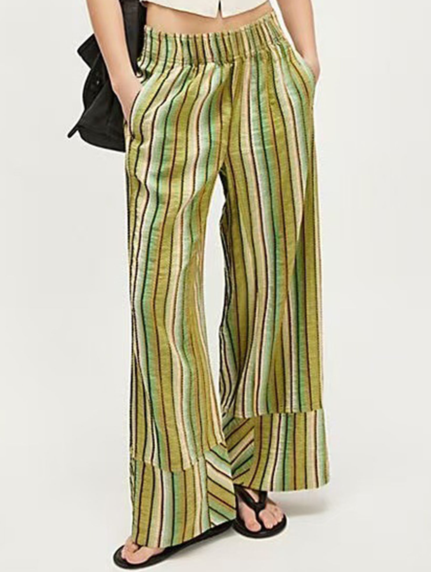 Loose-fitting high-waisted striped wide-leg pants