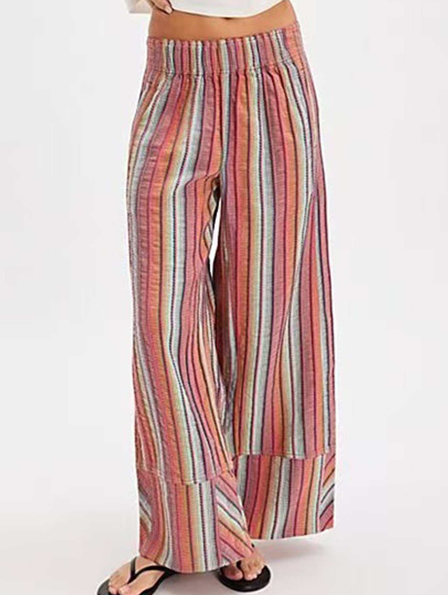 Loose-fitting high-waisted striped wide-leg pants