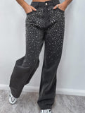 Retro loose-fitting rhinestone denim jeans