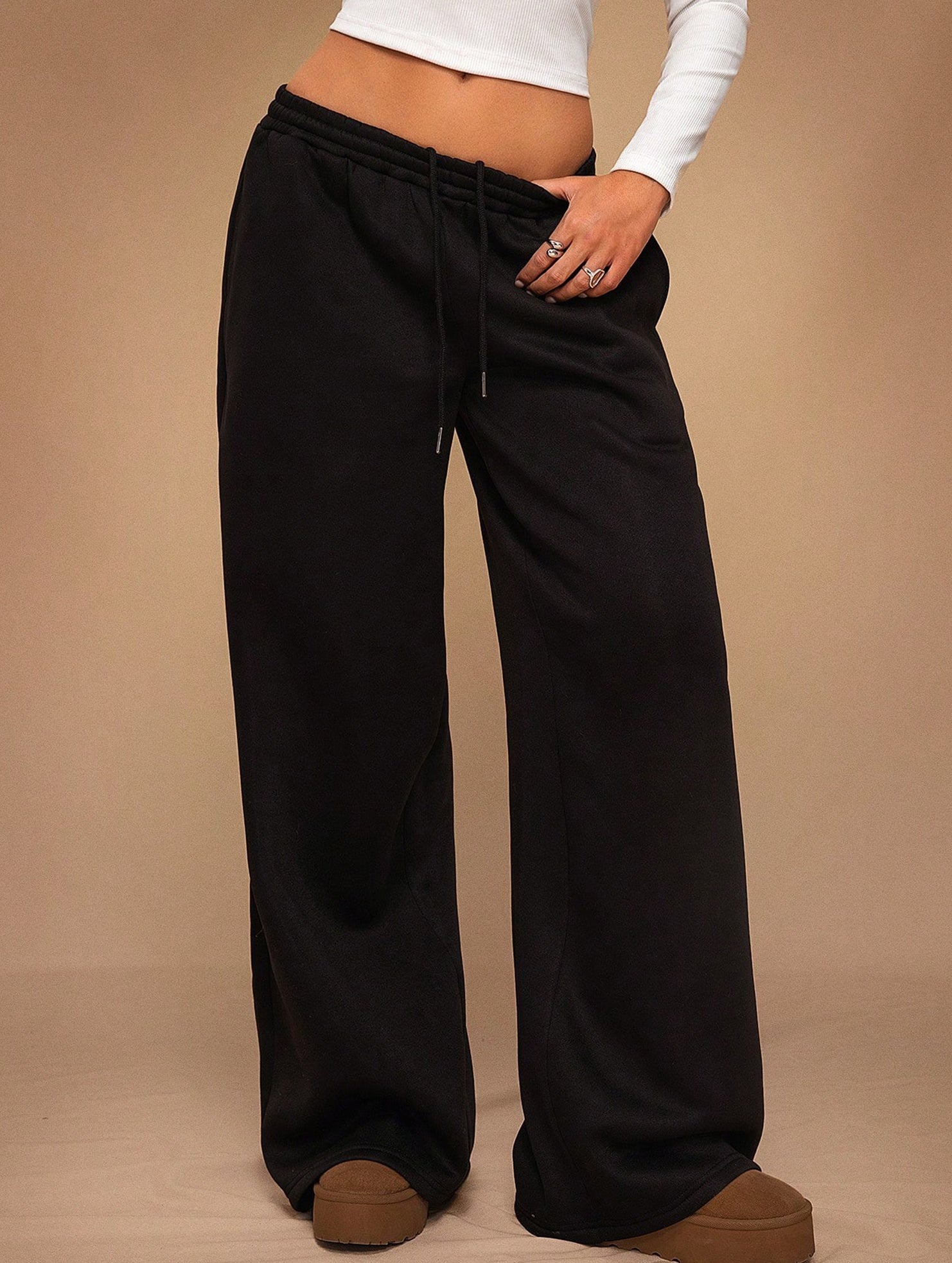 Casual fleece-lined loose wide-leg trousers