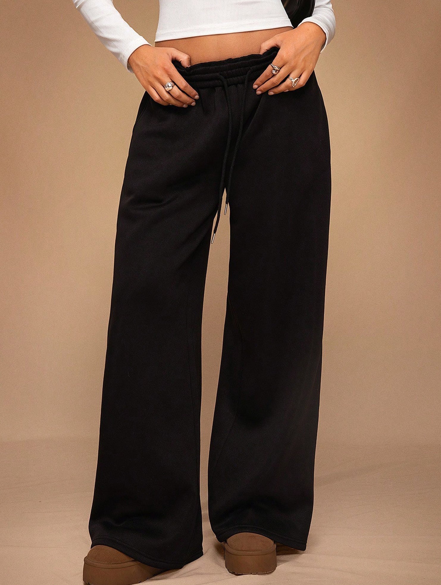 Casual fleece-lined loose wide-leg trousers