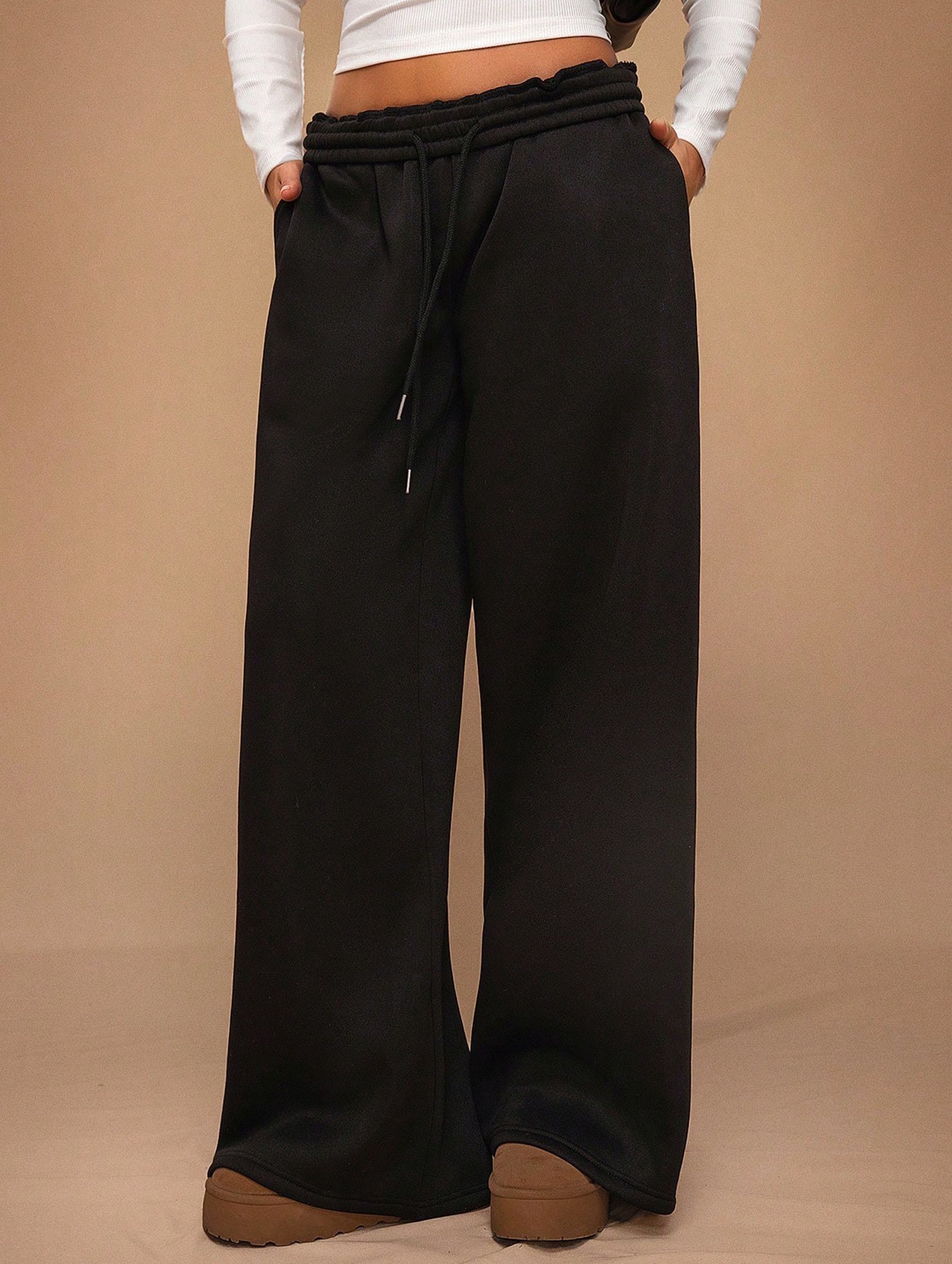 Casual fleece-lined loose wide-leg trousers