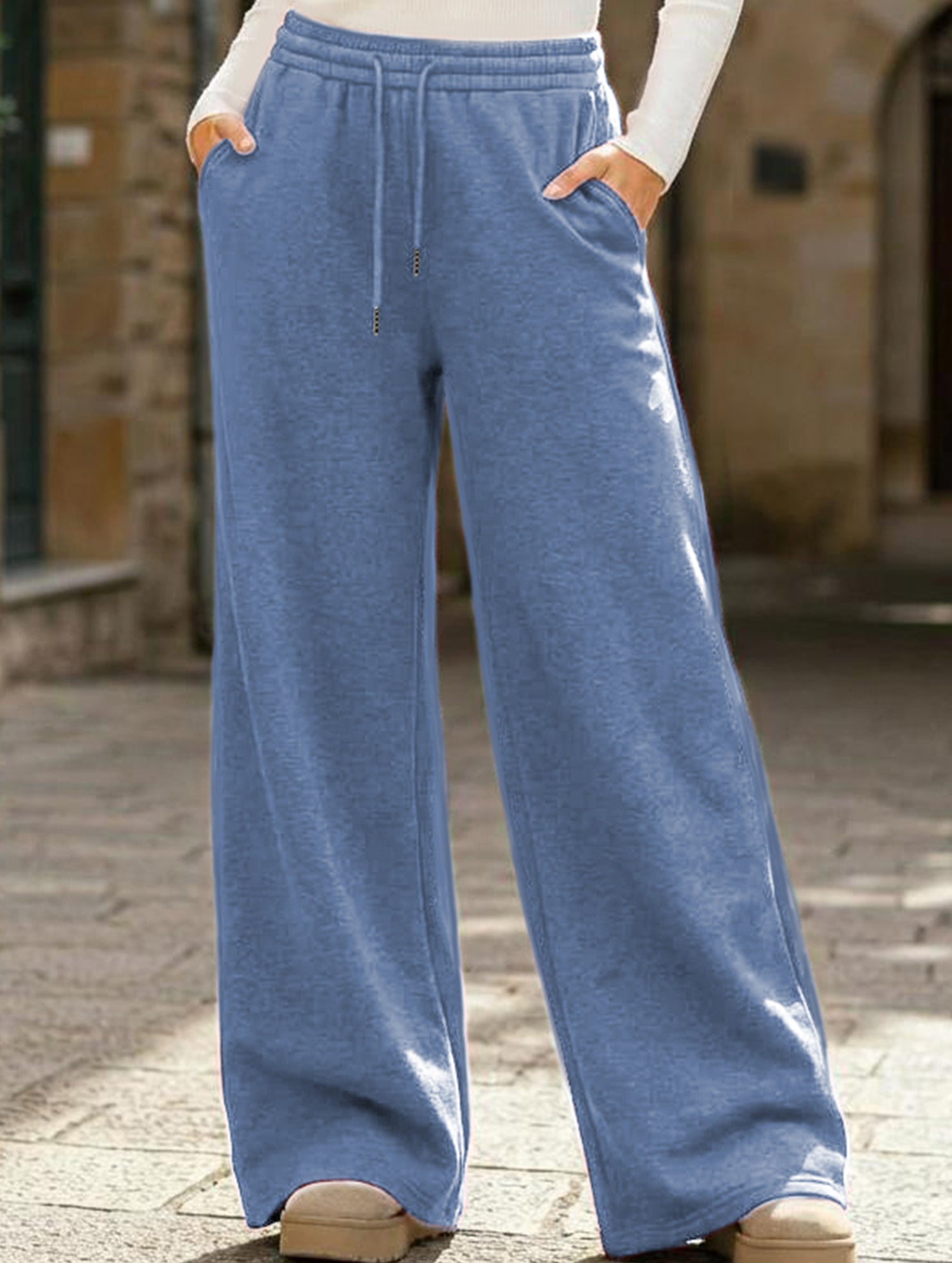 Casual fleece-lined loose wide-leg trousers