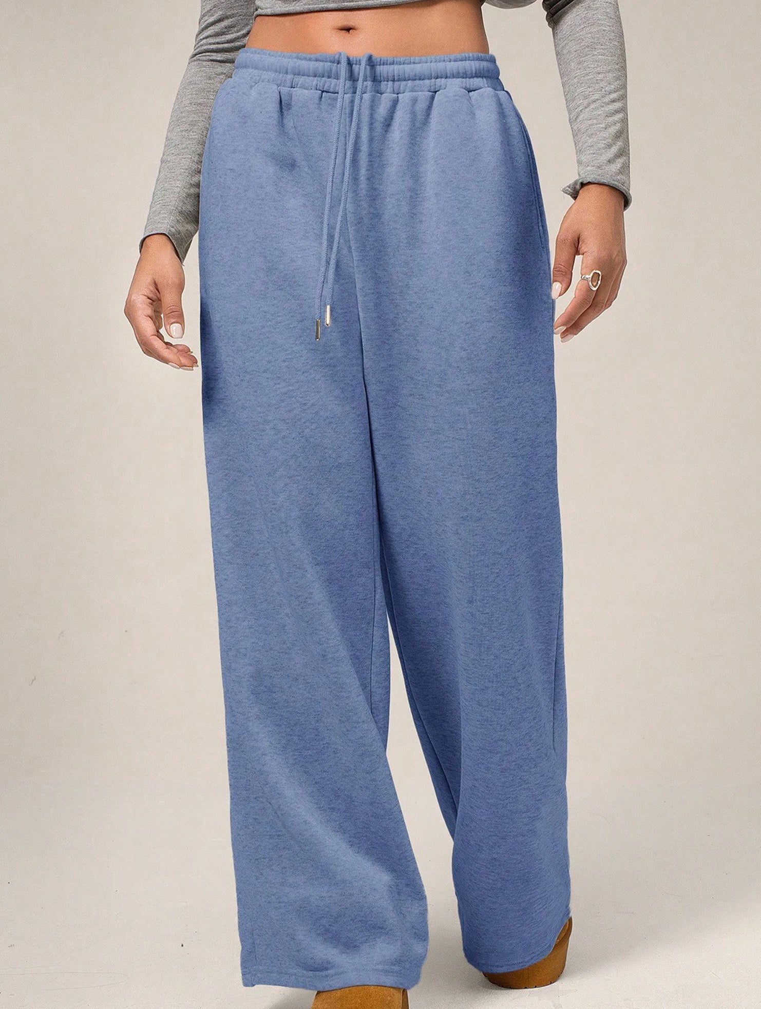 Casual fleece-lined loose wide-leg trousers